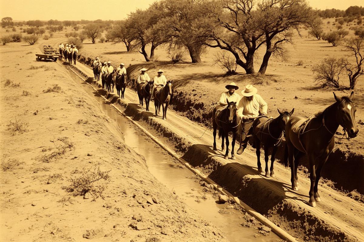 Archival photograph of crews excavating an early irrigation canal
